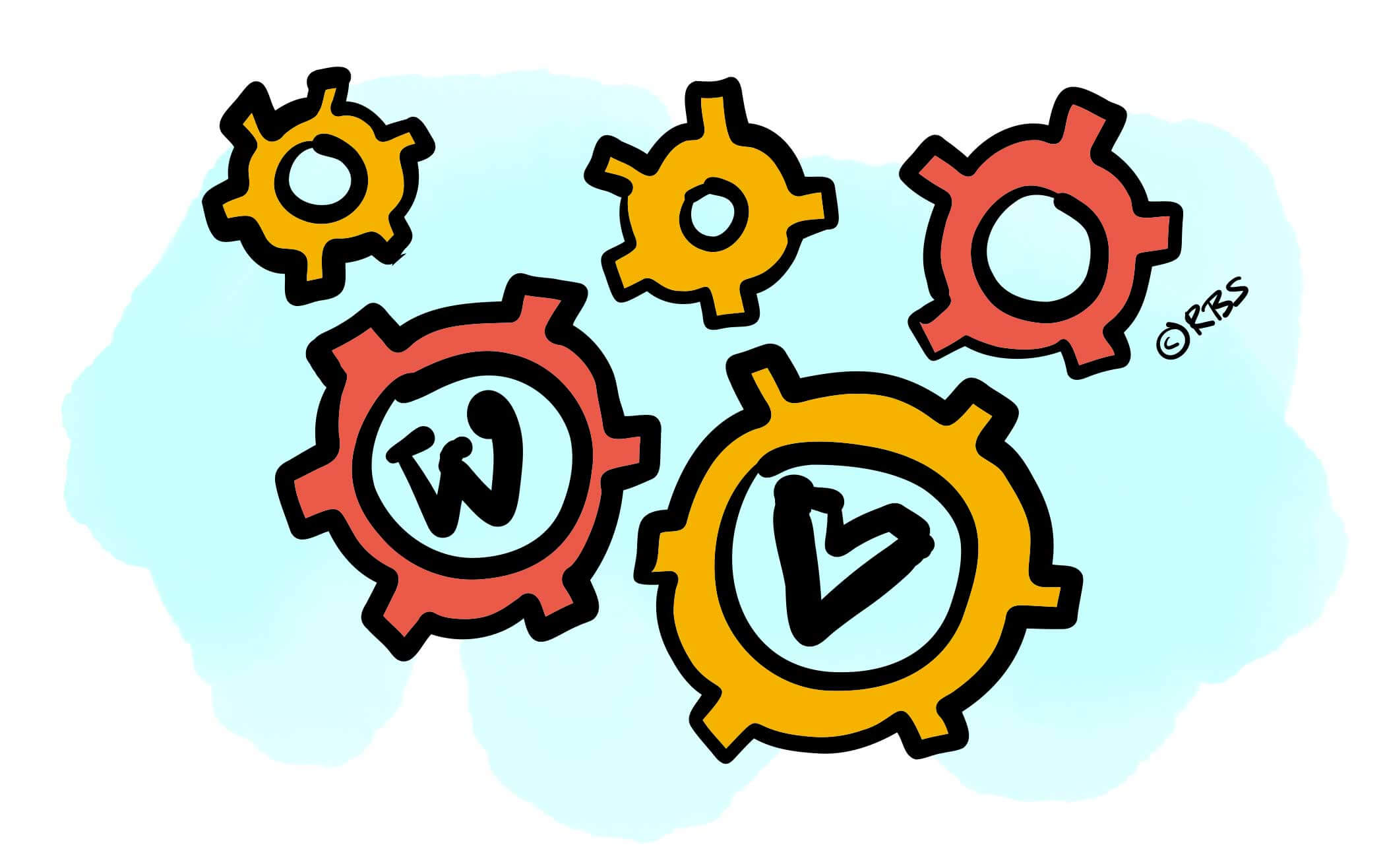 Illustratie van Wordpress en Vue logo met radertjes die in elkaar vallen.