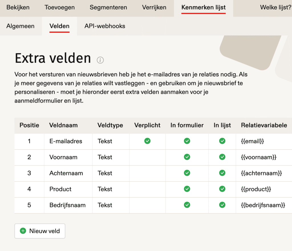 screenshot van de velden in laposta