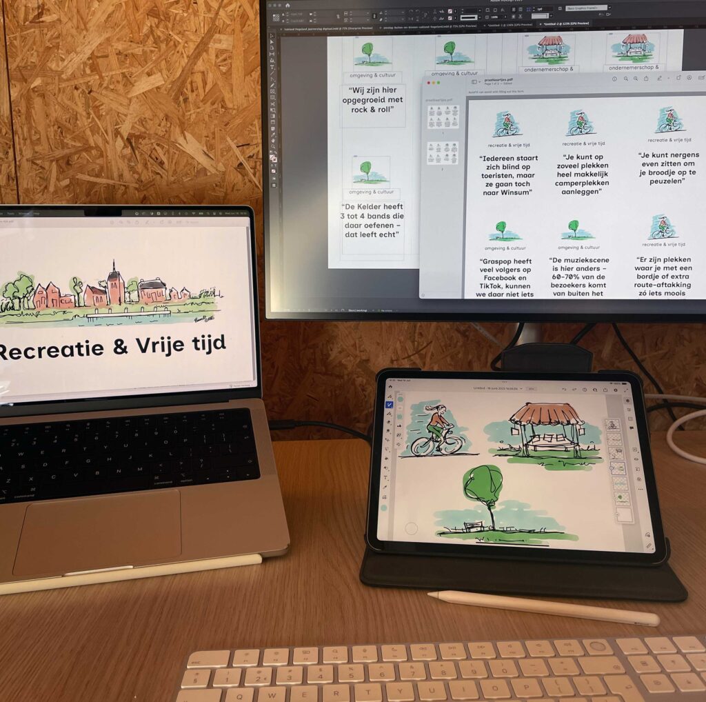 voorbereiding op strategisch ontwerpen met praatkaartjes en praatplaten die klaarstaan op de computer