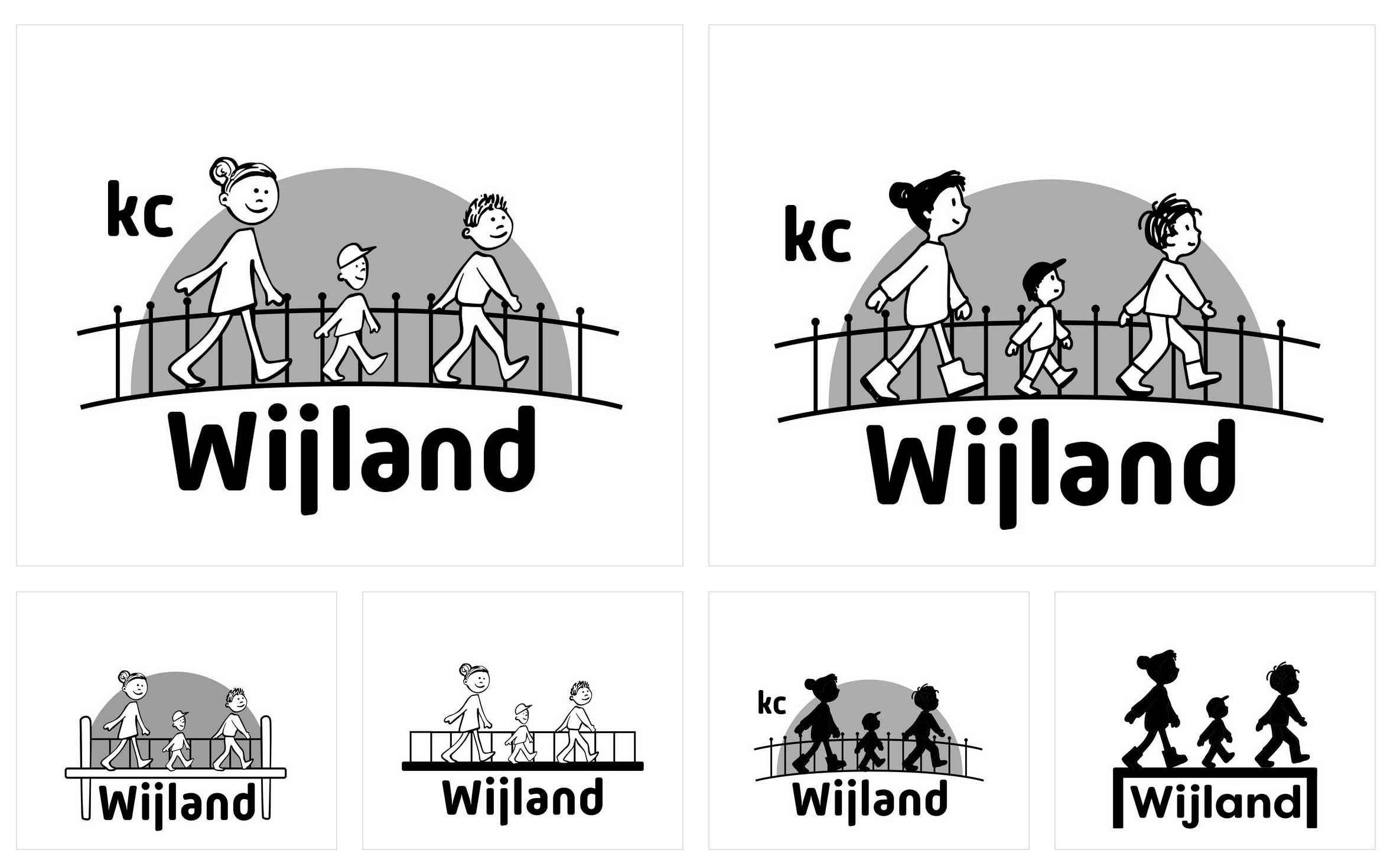 diverse digitale uitwerkingen van de schets met de drie kinderen op de brug