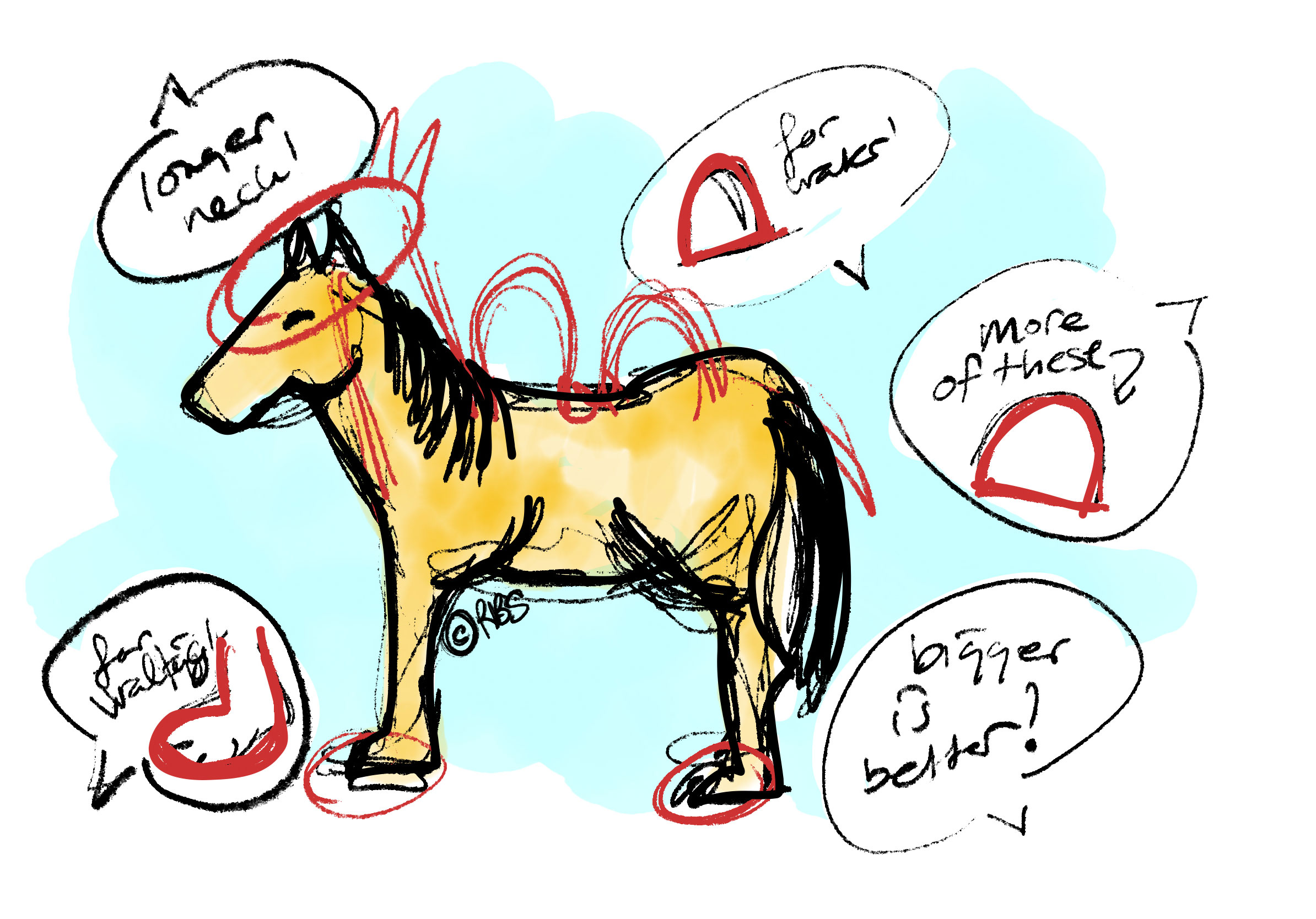 tekening van een paard met allemaal aanpassingen zodat het een kameel wordt