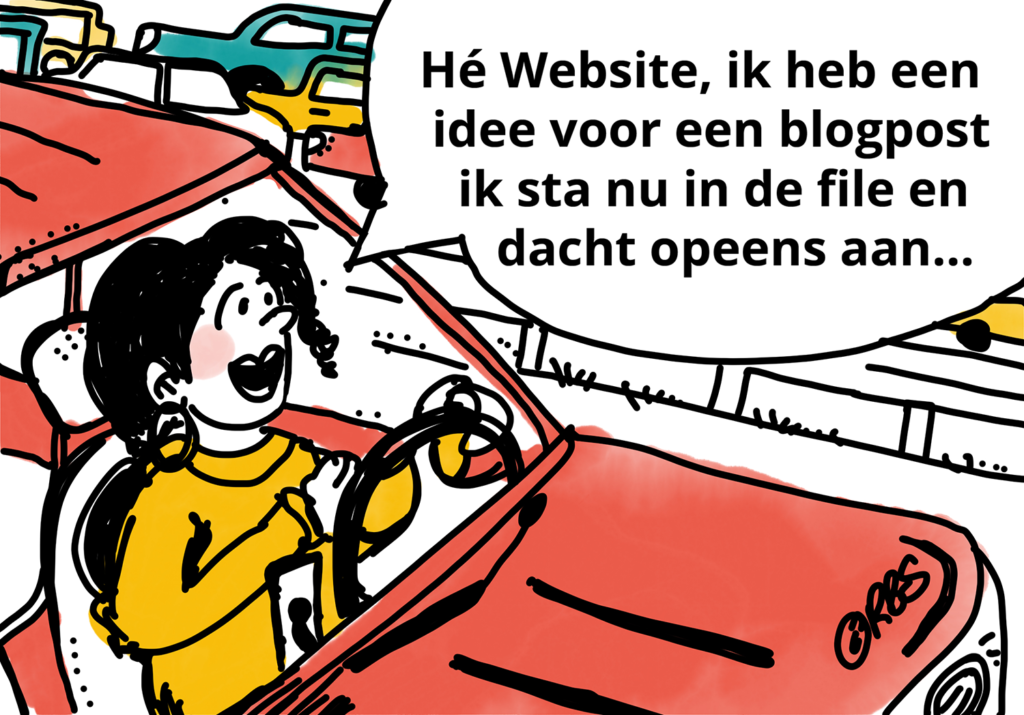 Illustratie van vrouw die in de file in de auto zit en praat met haar website