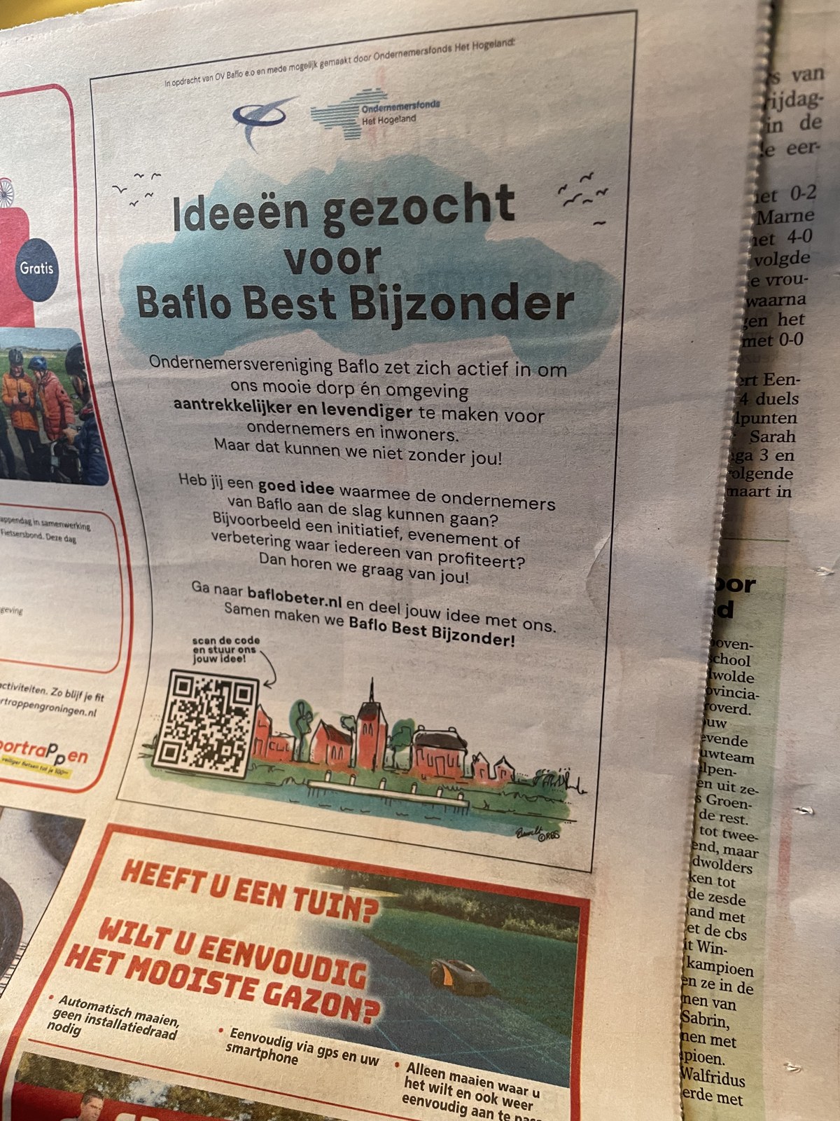 baflo-advertentie-ommelander-courant-krant Foto van de opengeslagen Ommelander Courant met daarin de advertentie Ideeën gezocht voor Baflo Best Bijzonder, tussen de andere krantenberichten