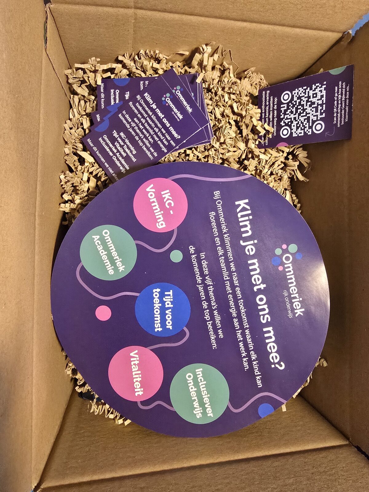 Open vouwdoos met daarin een ronde paarse flyer met de vraag Klim je met ons mee en de vijf thema's van Ommeriek, plus QR-kaartjes tussen het vulmateriaal