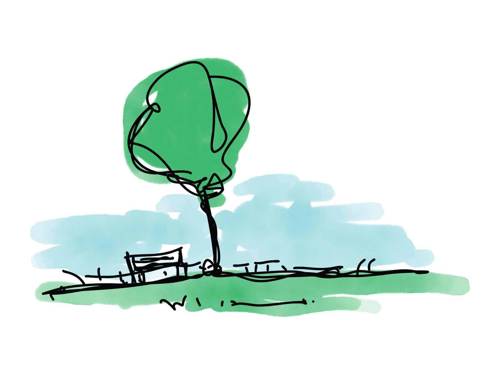 ov-baflo-illustratie-boom-met-bankje-4x3 Handgetekende illustratie van een boom met een bankje in het groen