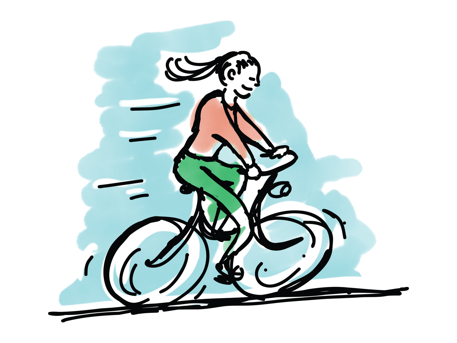 ov-baflo-illustratie-fietser-4x3 Handgetekende illustratie van een fietsende vrouw met wapperende staart