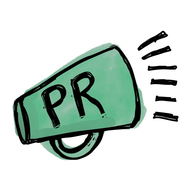Handgetekende illustratie van een megafoon met de letters PR