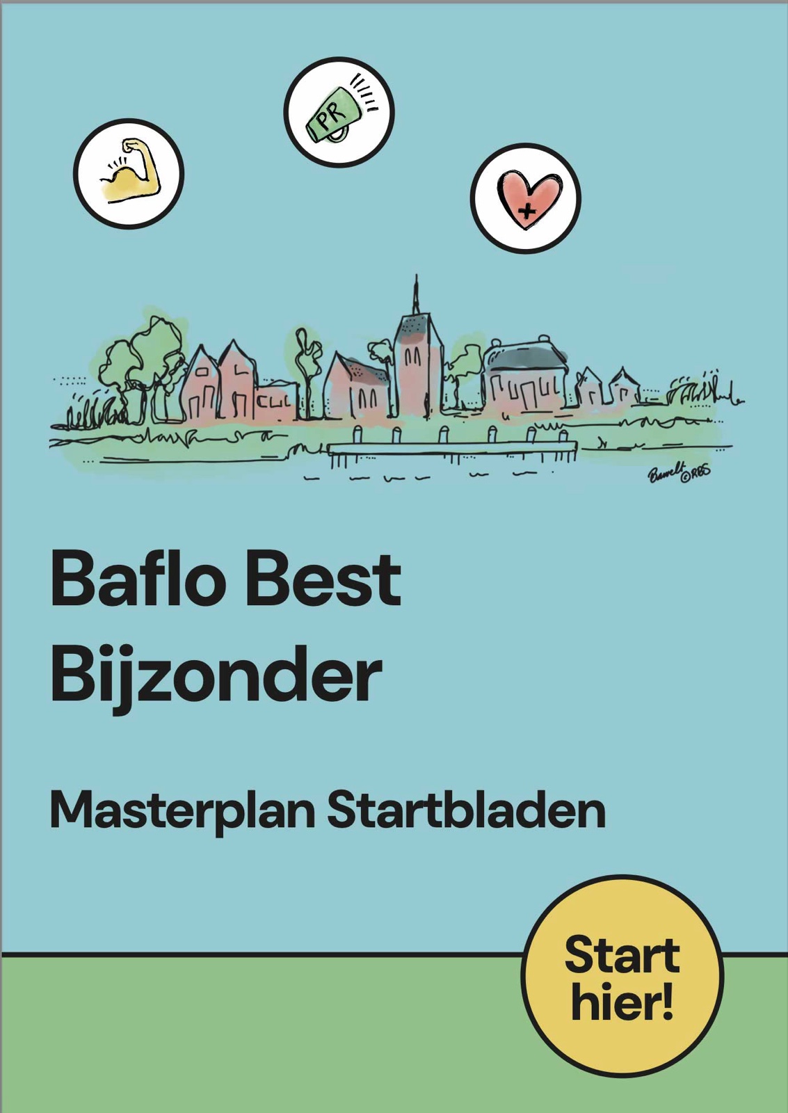 ov-baflo-masterplan-startbladen-omslag Omslag van Baflo Best Bijzonder Masterplan Startbladen met een handgetekend silhouet van het dorp, drie pictogrammen en een gele knop Start hier