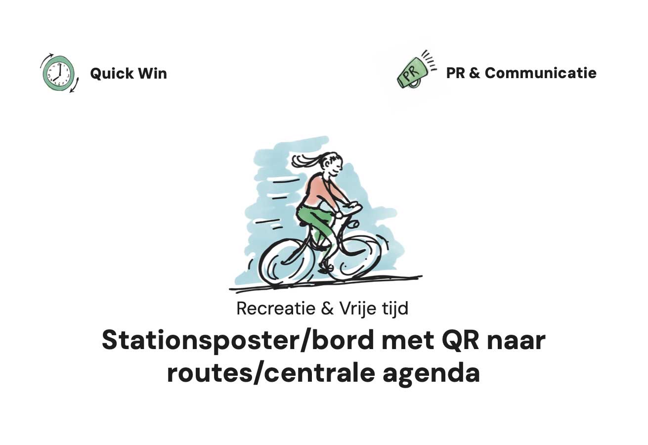 ov-baflo-projectkaart-quick-win-stationsposter Actiekaartje met de labels Quick Win en PR en Communicatie, een getekende fietser, het thema Recreatie en Vrije tijd en de actie Stationsposter of bord met QR naar routes en centrale agenda